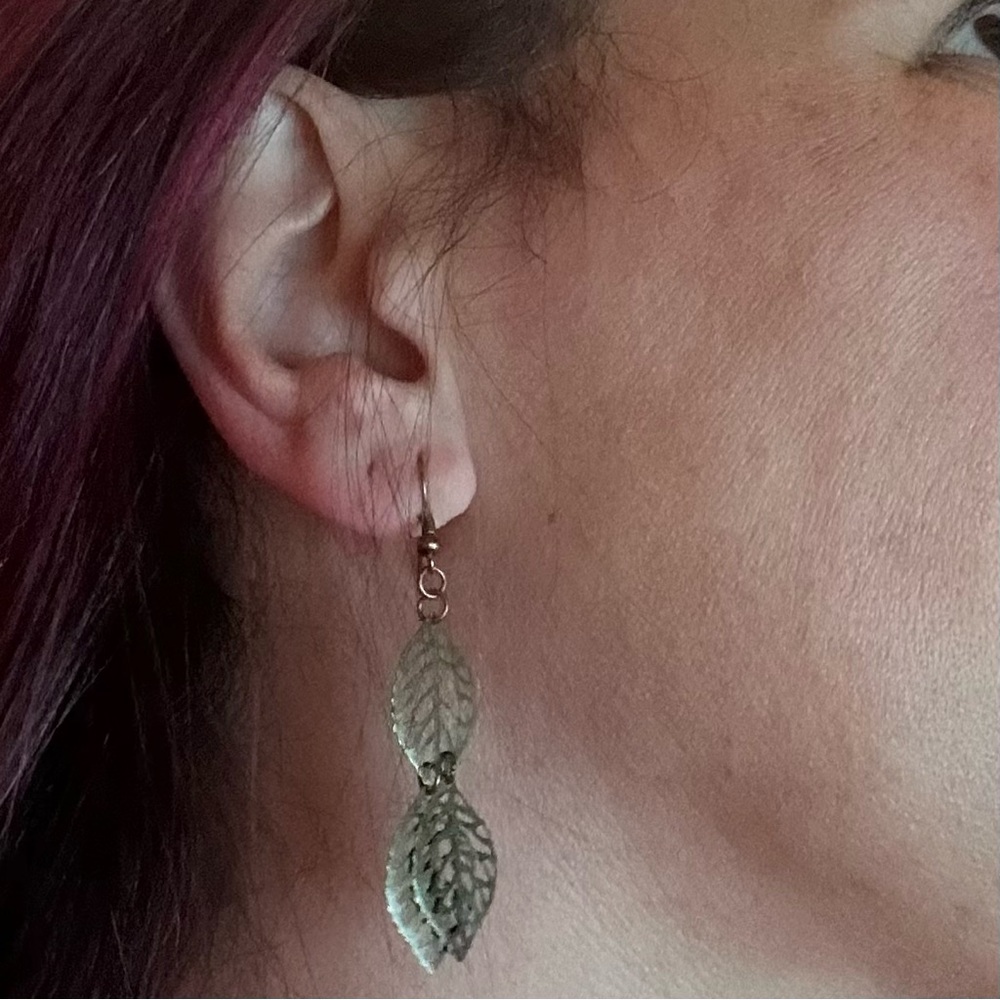 Handmade Leaf Earrings Brass Filigree Dangle Statement Leaves Pierced Boho - Picture 9 of 9